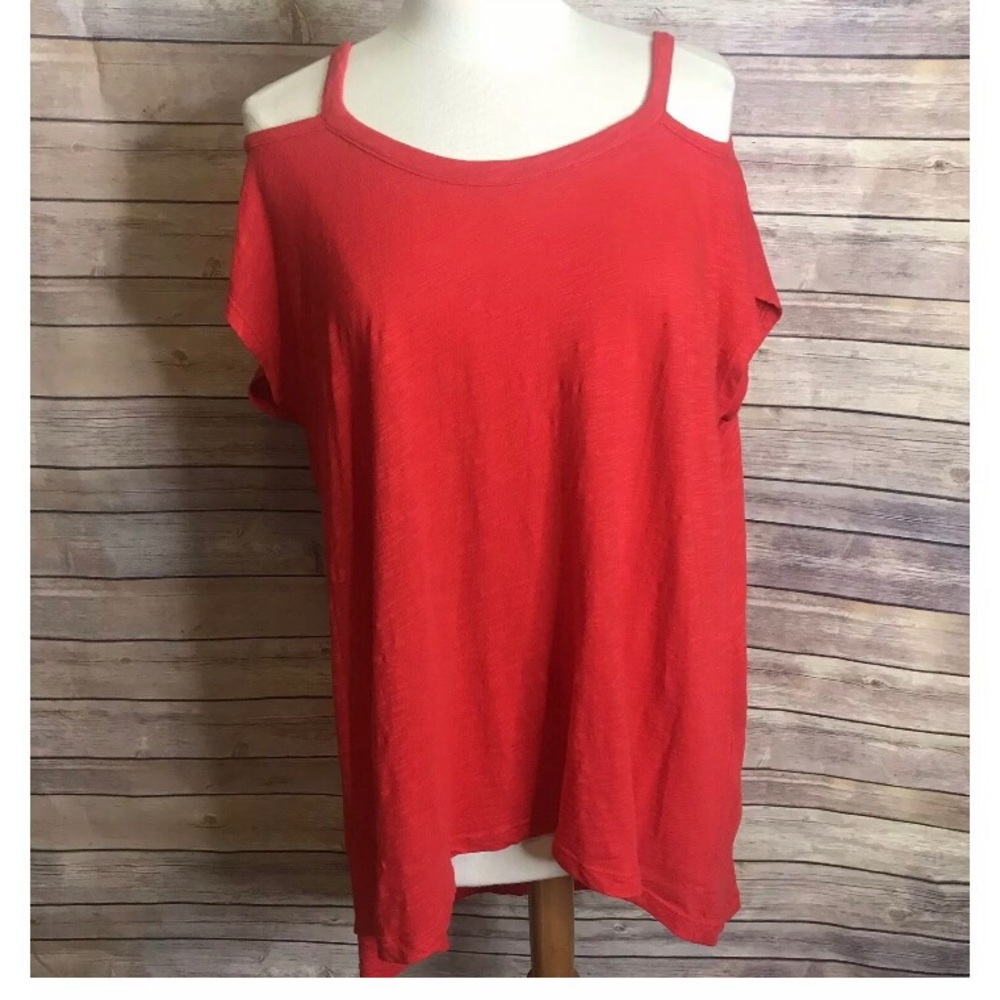 Left of center red off shoulder tunic top